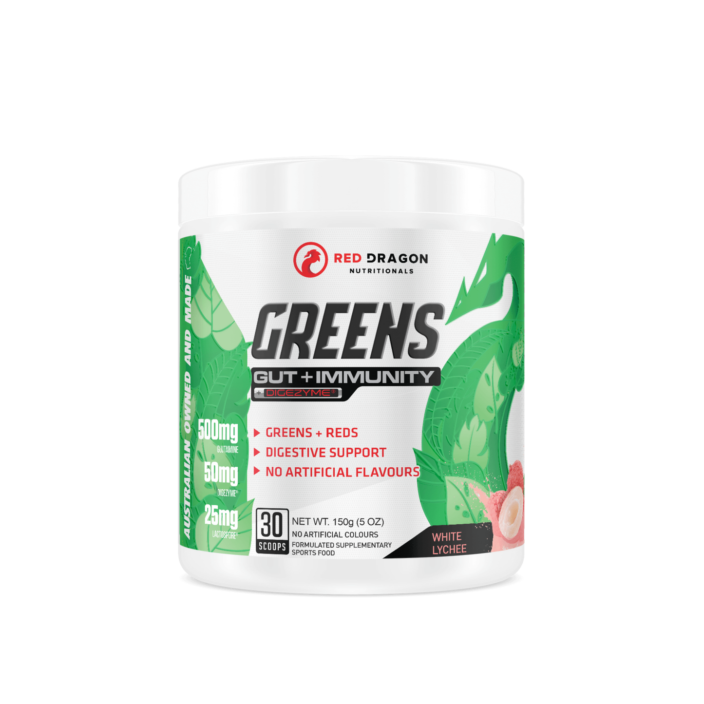 Red Dragon Greens Gut + Immunity powder in White Lychee (30 serves) – superfood blend with probiotics and antioxidants for digestion, energy, and immune support.