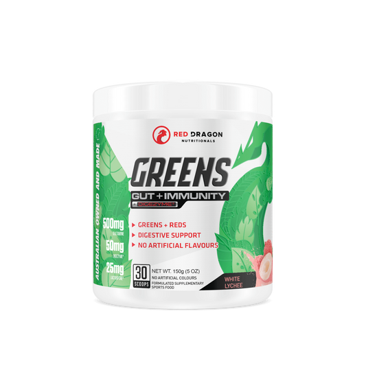 Red Dragon Greens Gut + Immunity powder in White Lychee (30 serves) – superfood blend with probiotics and antioxidants for digestion, energy, and immune support.