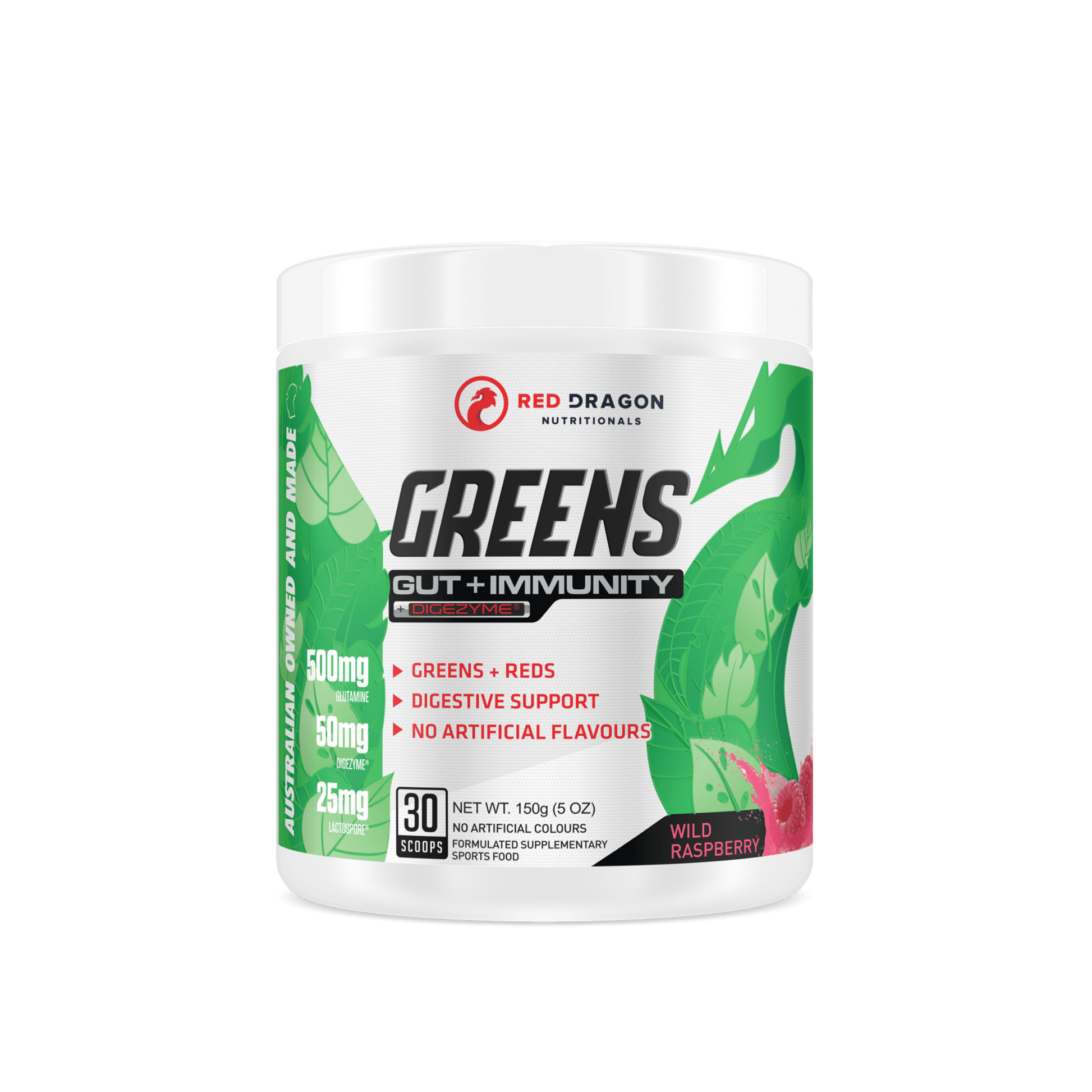 Red Dragon Greens Gut + Immunity powder in Wild Raspberry (30 serves) – superfood blend with probiotics and antioxidants for digestion, energy, and immune support.