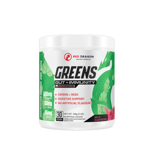 Red Dragon Greens Gut + Immunity powder in Wild Raspberry (30 serves) – superfood blend with probiotics and antioxidants for digestion, energy, and immune support.