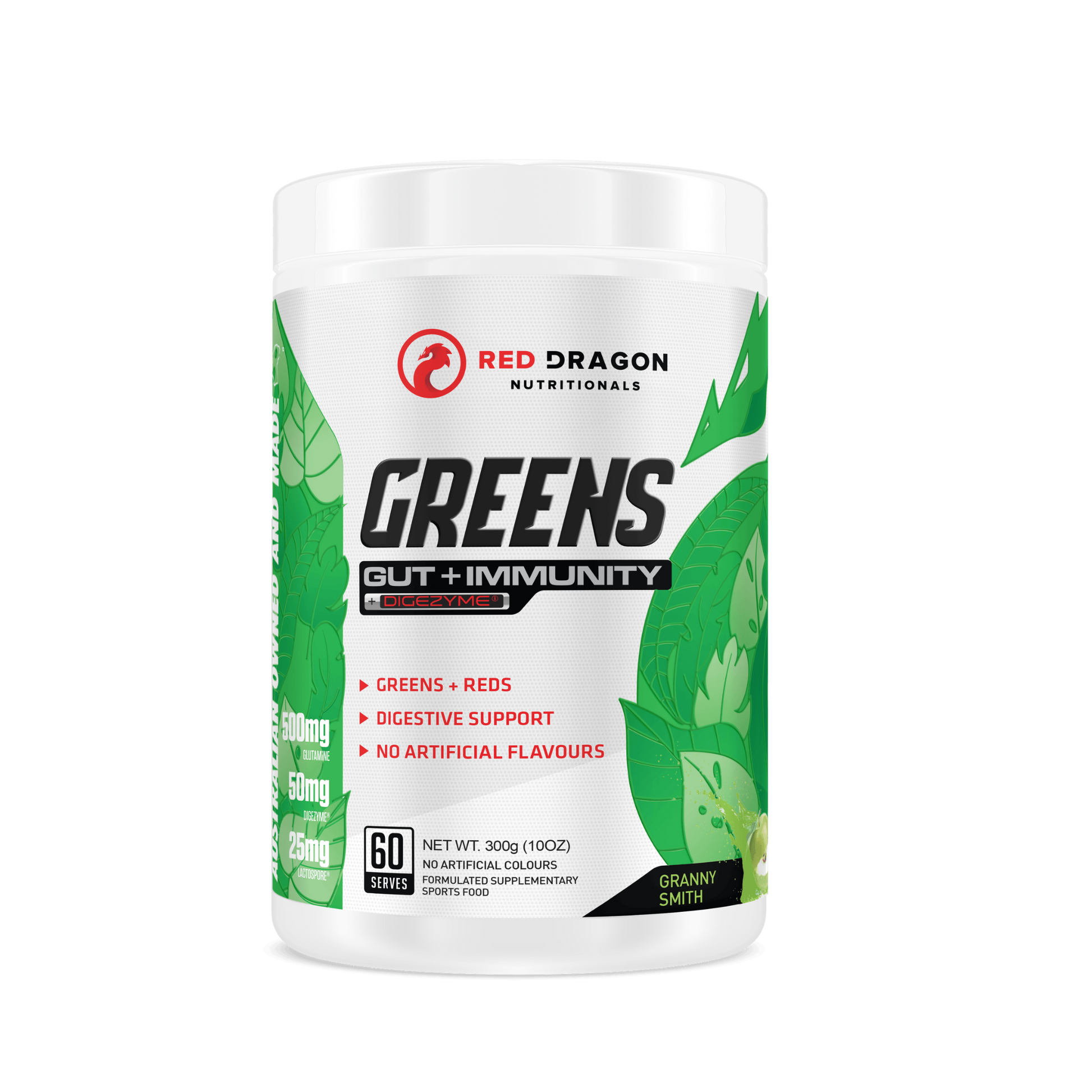 Red Dragon Greens Gut + Immunity powder in Granny Smith (60 serves) – superfood blend with probiotics and antioxidants for digestion, energy, and immune support.