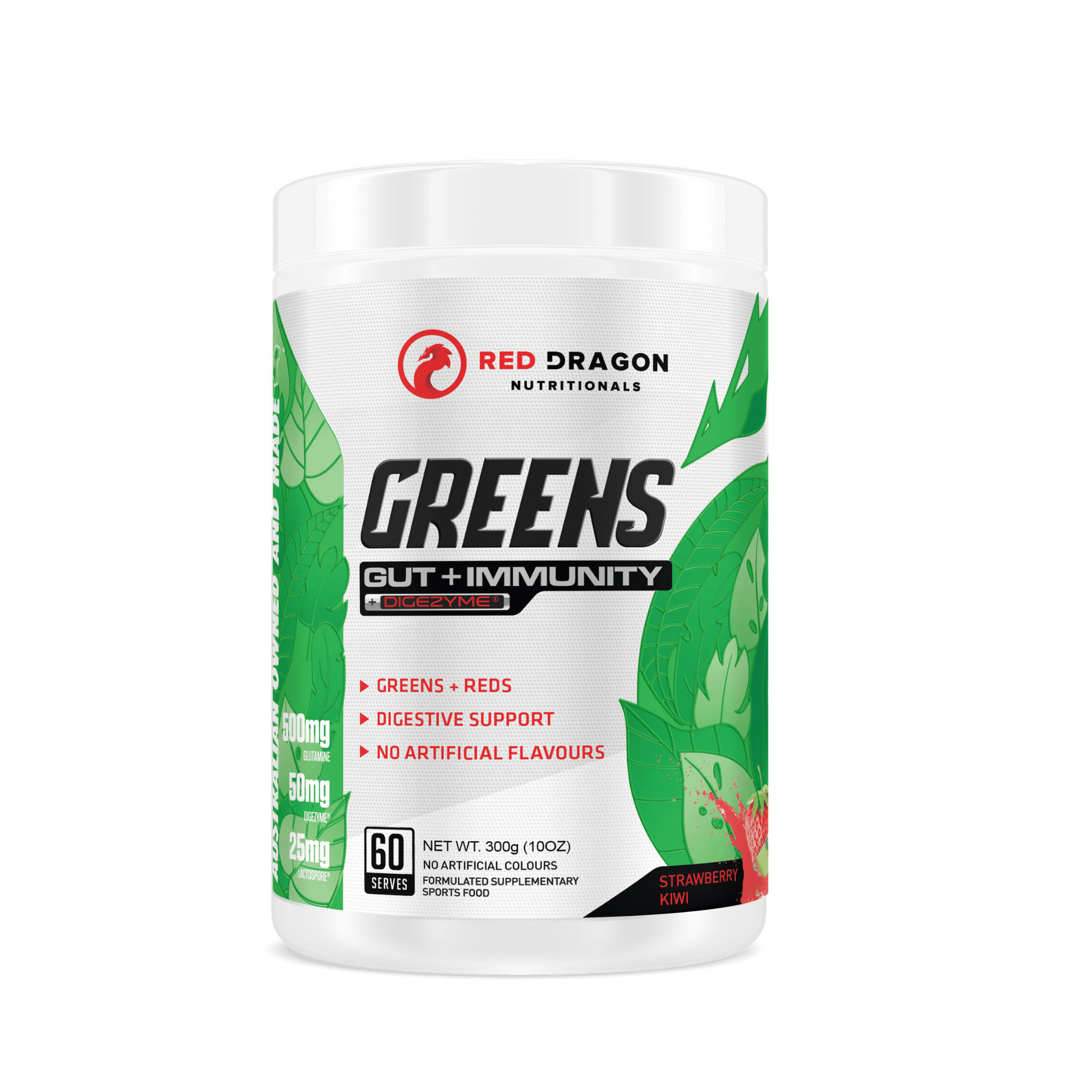 Red Dragon Greens Gut + Immunity powder in Strawberry Kiwi (60 serves) – superfood blend with probiotics and antioxidants for digestion, energy, and immune support.