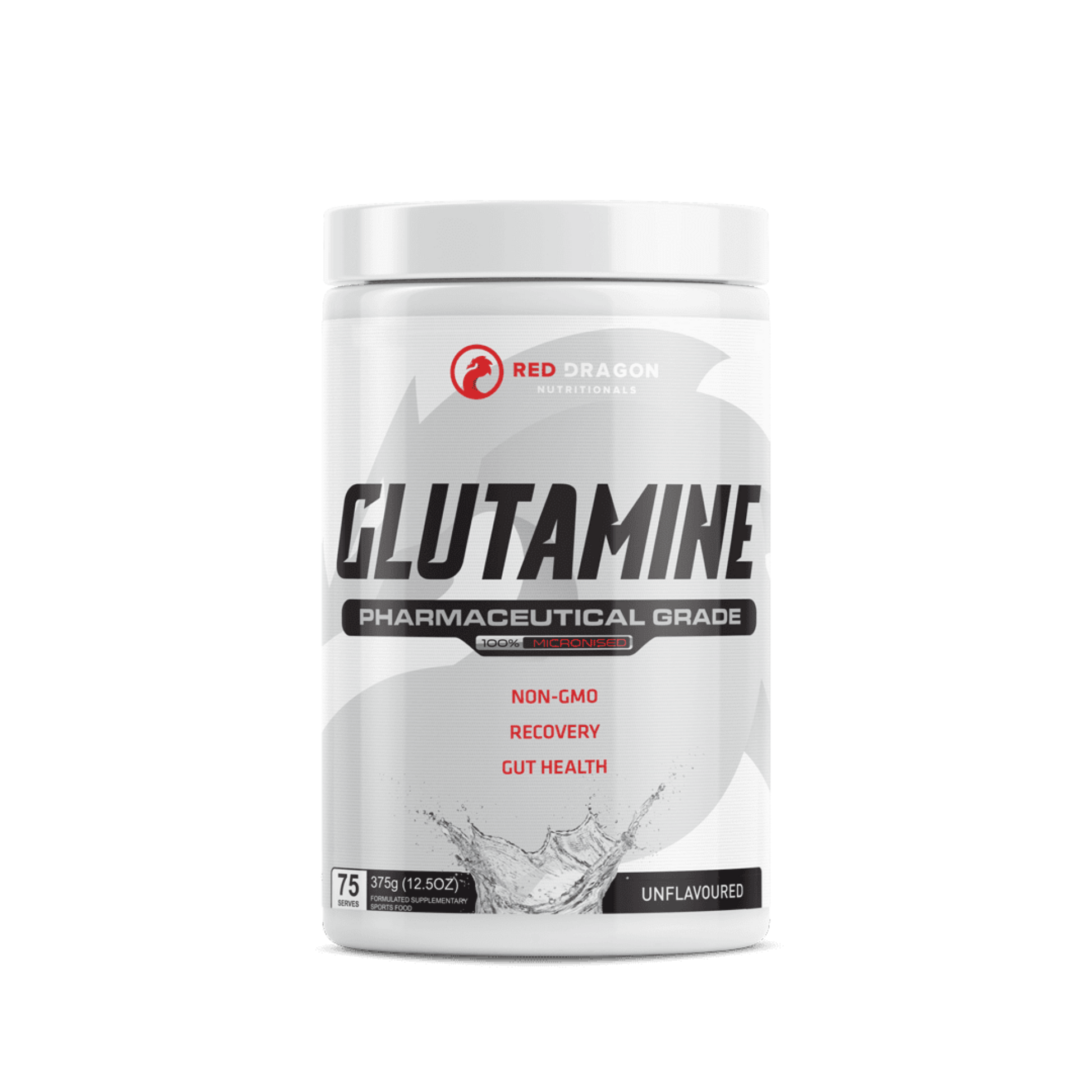 Red Dragon L-Glutamine 375g tub – pure amino acid for recovery, gut health, and immune support.