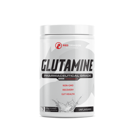 Red Dragon L-Glutamine 375g tub – pure amino acid for recovery, gut health, and immune support.