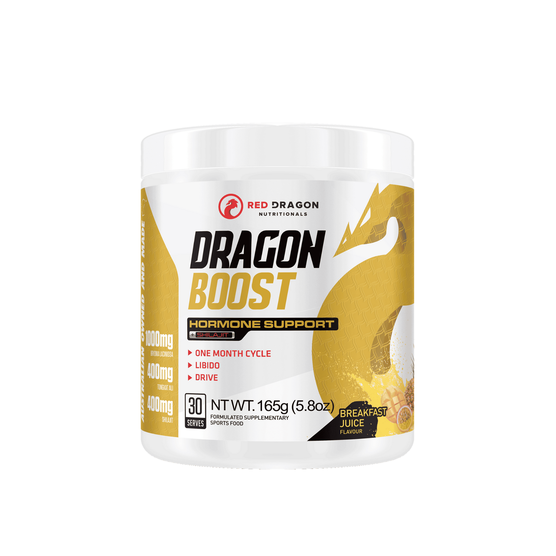 Red Dragon Nutritionals Dragon Boost Test Formula in Breakfast Juice flavour – natural testosterone support supplement for performance and vitality.