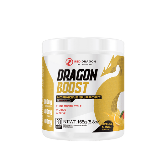 Red Dragon Nutritionals Dragon Boost Test Formula in Orange Mango flavour – natural testosterone support supplement for performance and vitality.