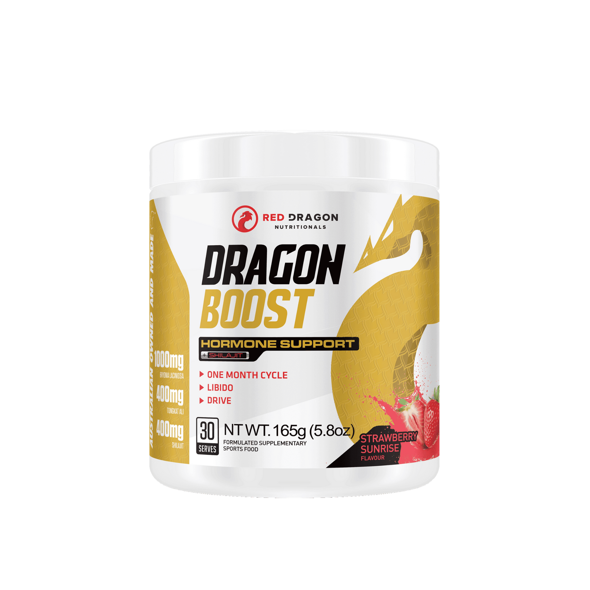 Red Dragon Nutritionals Dragon Boost Test Formula in Strawberry Sunrise flavour – natural testosterone support supplement for performance and vitality.