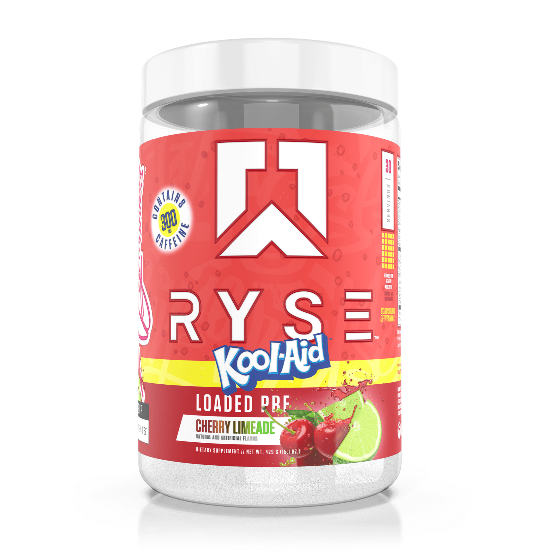 RYSE Loaded Pre-Workout in Kool-Aid Cherry Limeade flavour combines 4.5g L-Citrulline, 3.5g Beta-Alanine, and 10mg Thinkamine™ with extended-release caffeine for powerful pumps, endurance, and clean, lasting energy.