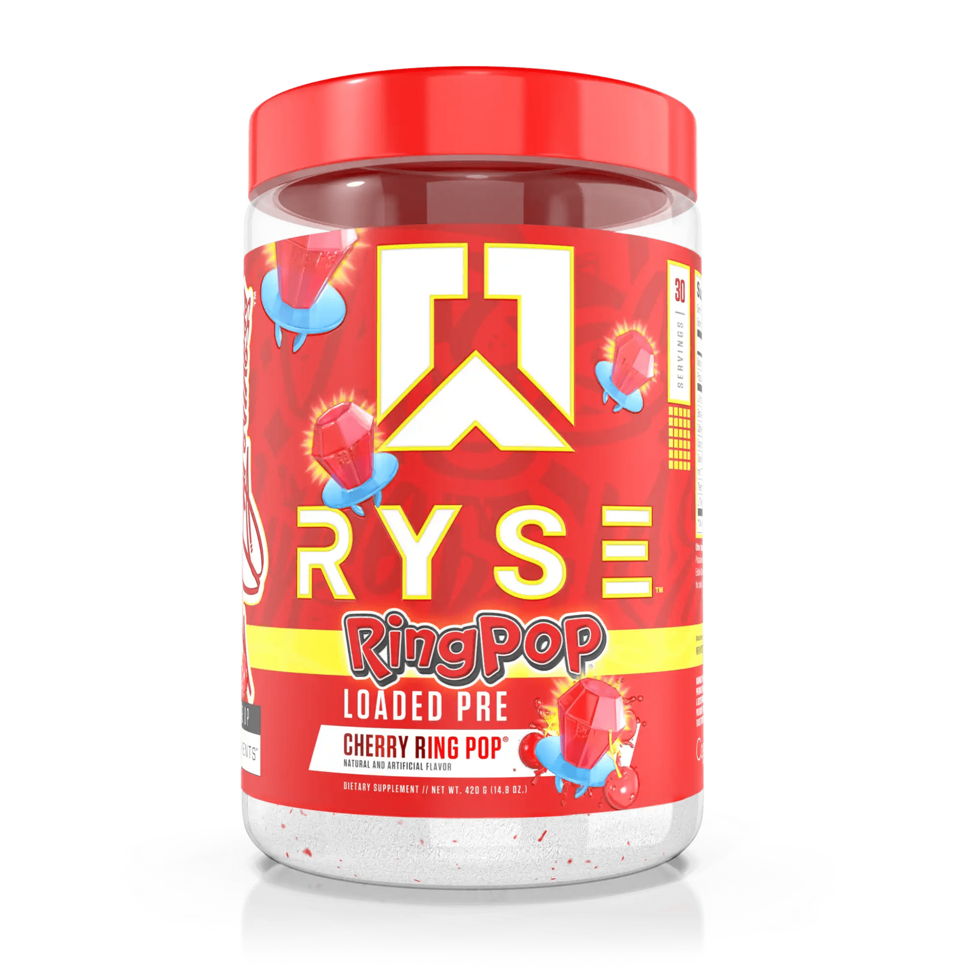RYSE Loaded Pre-Workout in Cherry Ring Pop flavour combines 4.5g L-Citrulline, 3.5g Beta-Alanine, and 10mg Thinkamine™ with extended-release caffeine for powerful pumps, endurance, and clean, lasting energy.