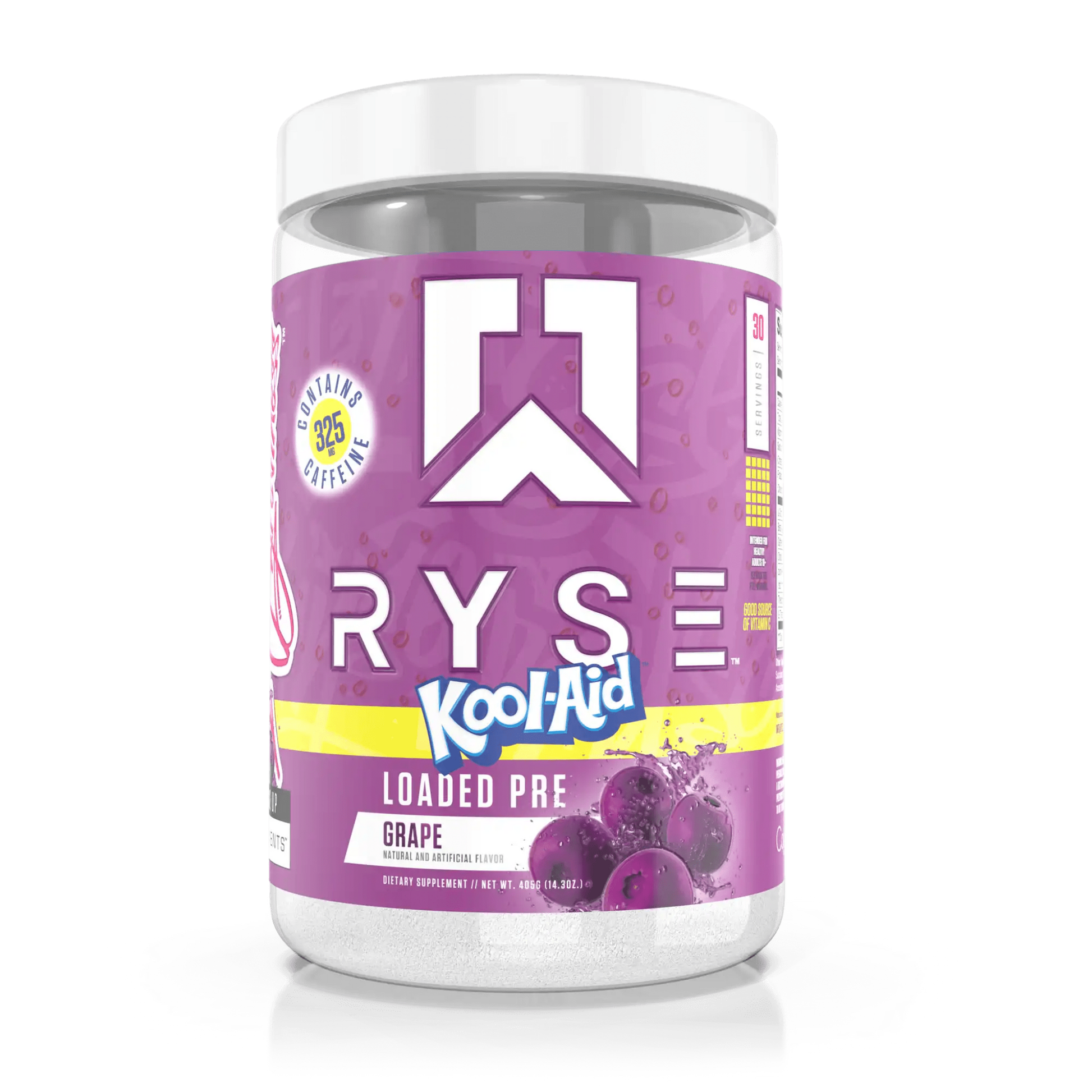 RYSE Loaded Pre-Workout in Kool-Aid Grape flavour combines 4.5g L-Citrulline, 3.5g Beta-Alanine, and 10mg Thinkamine™ with extended-release caffeine for powerful pumps, endurance, and clean, lasting energy.