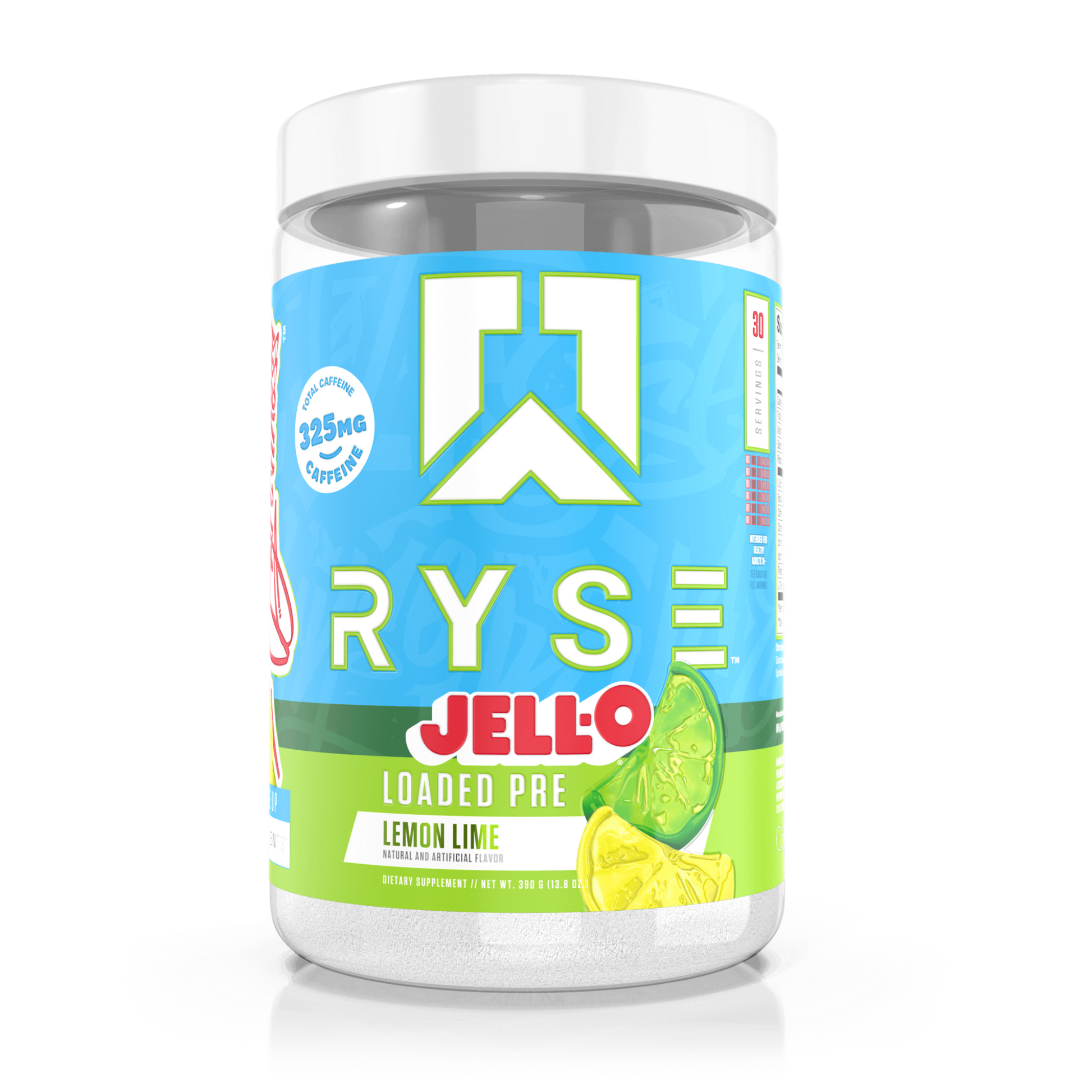 RYSE Loaded Pre-Workout in Jello Lemon Lime flavour combines 4.5g L-Citrulline, 3.5g Beta-Alanine, and 10mg Thinkamine™ with extended-release caffeine for powerful pumps, endurance, and clean, lasting energy.
