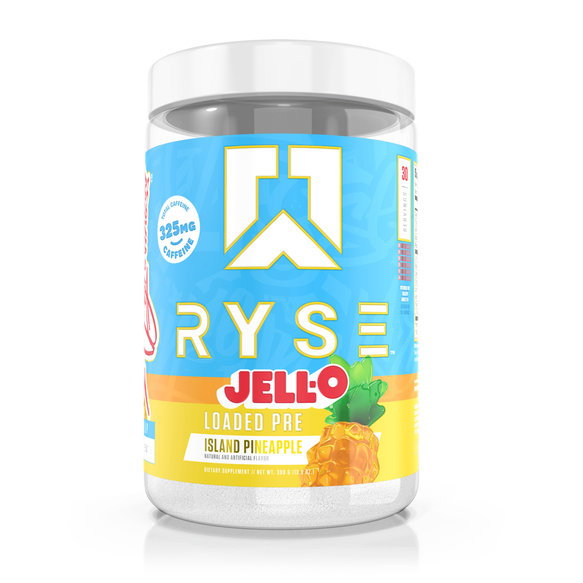 RYSE Loaded Pre-Workout in Jello Pineapple flavour combines 4.5g L-Citrulline, 3.5g Beta-Alanine, and 10mg Thinkamine™ with extended-release caffeine for powerful pumps, endurance, and clean, lasting energy.