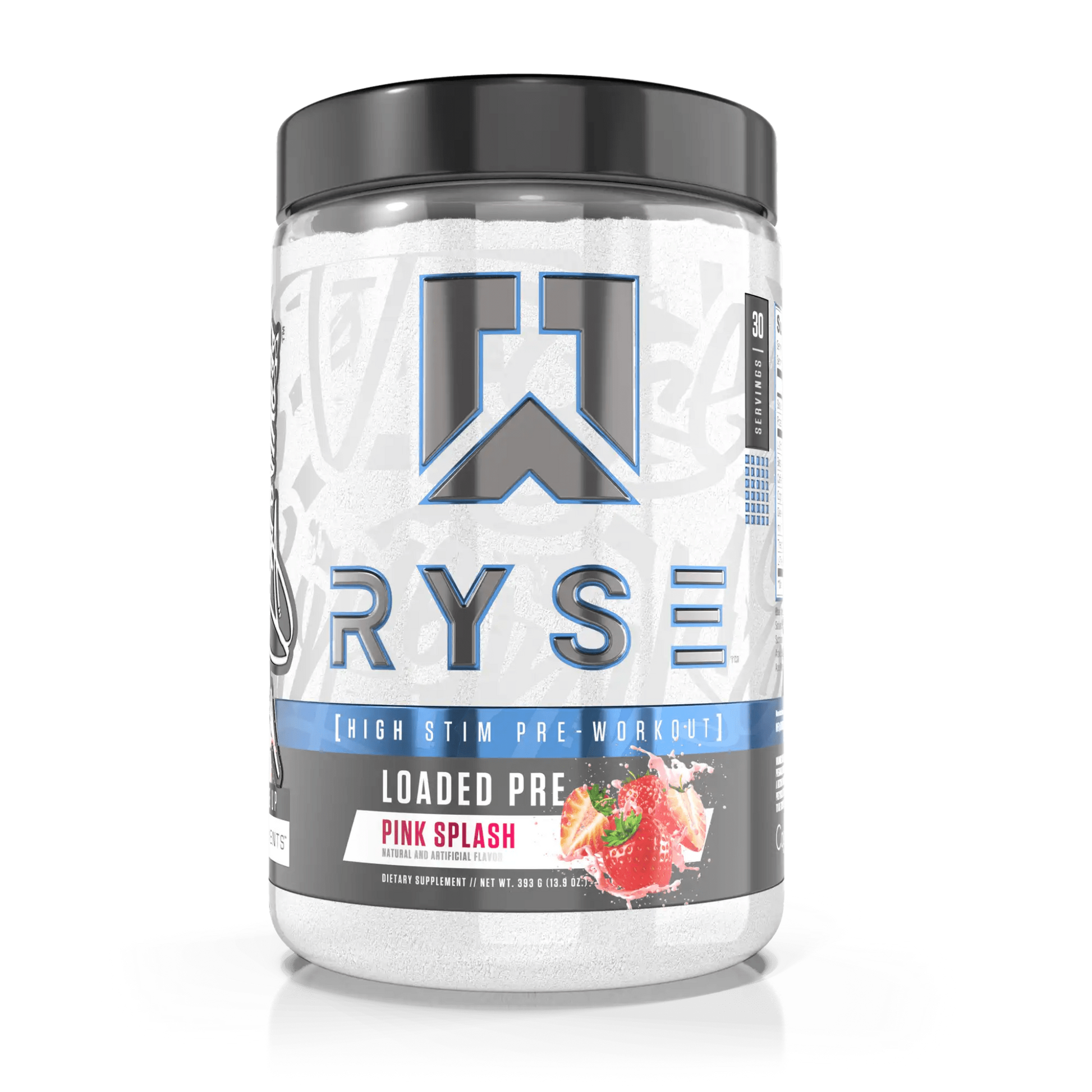 RYSE Loaded Pre-Workout in Pink Splash flavour combines 4.5g L-Citrulline, 3.5g Beta-Alanine, and 10mg Thinkamine™ with extended-release caffeine for powerful pumps, endurance, and clean, lasting energy.