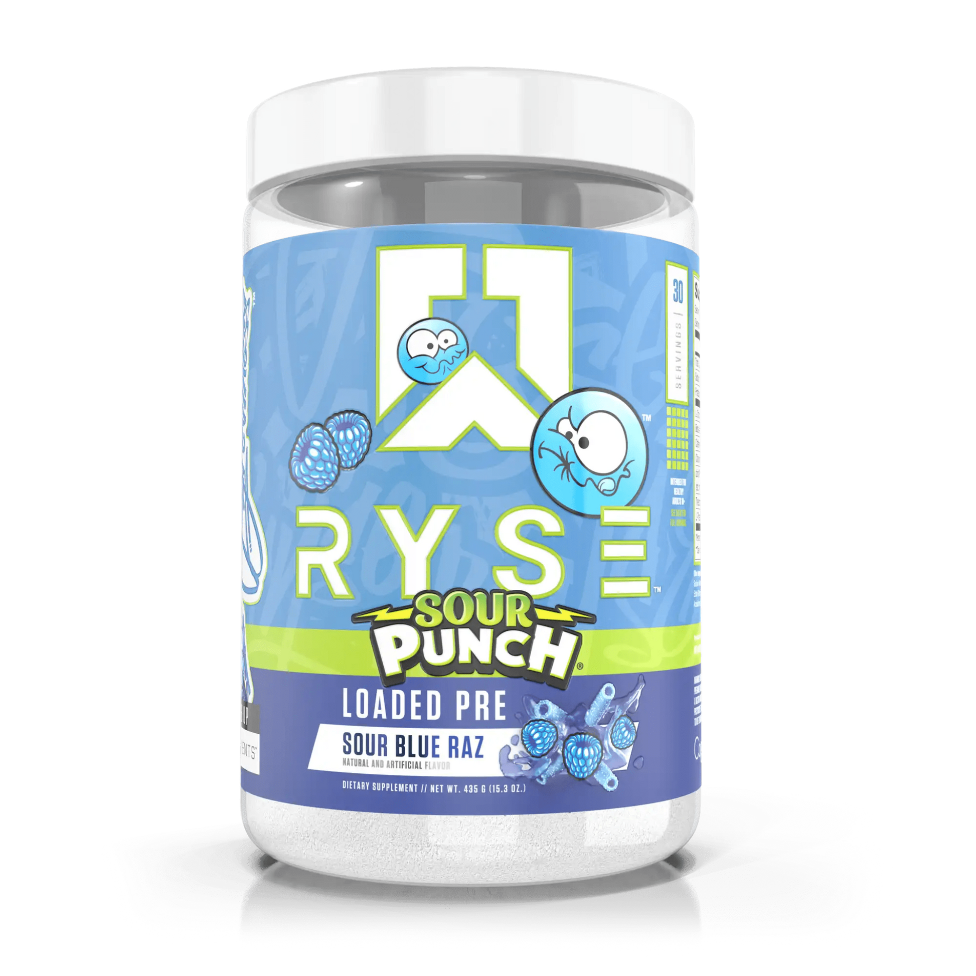 RYSE Loaded Pre-Workout in Sour Blue Raspberry flavour combines 4.5g L-Citrulline, 3.5g Beta-Alanine, and 10mg Thinkamine™ with extended-release caffeine for powerful pumps, endurance, and clean, lasting energy.