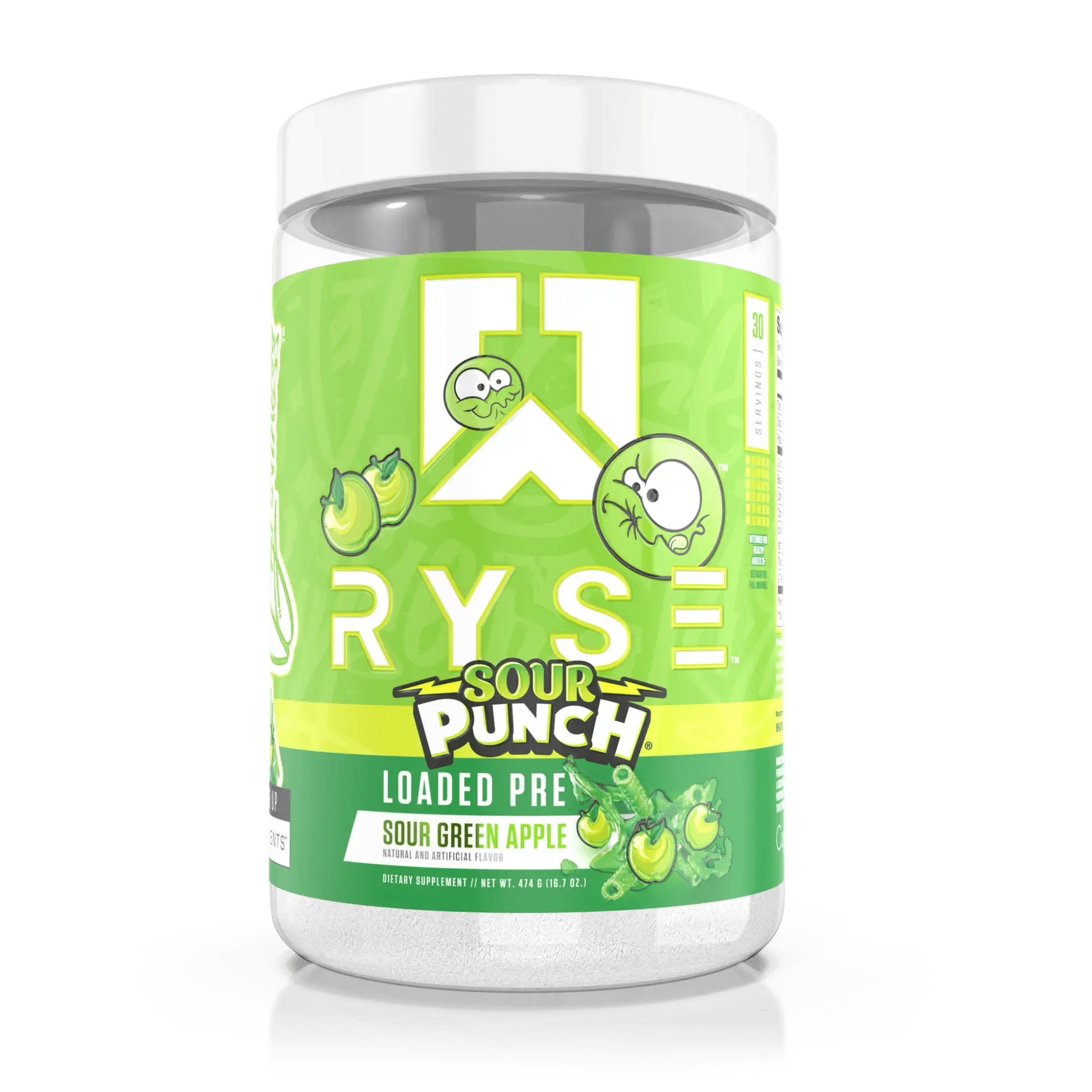 RYSE Loaded Pre-Workout in Sour Green Apple flavour combines 4.5g L-Citrulline, 3.5g Beta-Alanine, and 10mg Thinkamine™ with extended-release caffeine for powerful pumps, endurance, and clean, lasting energy.