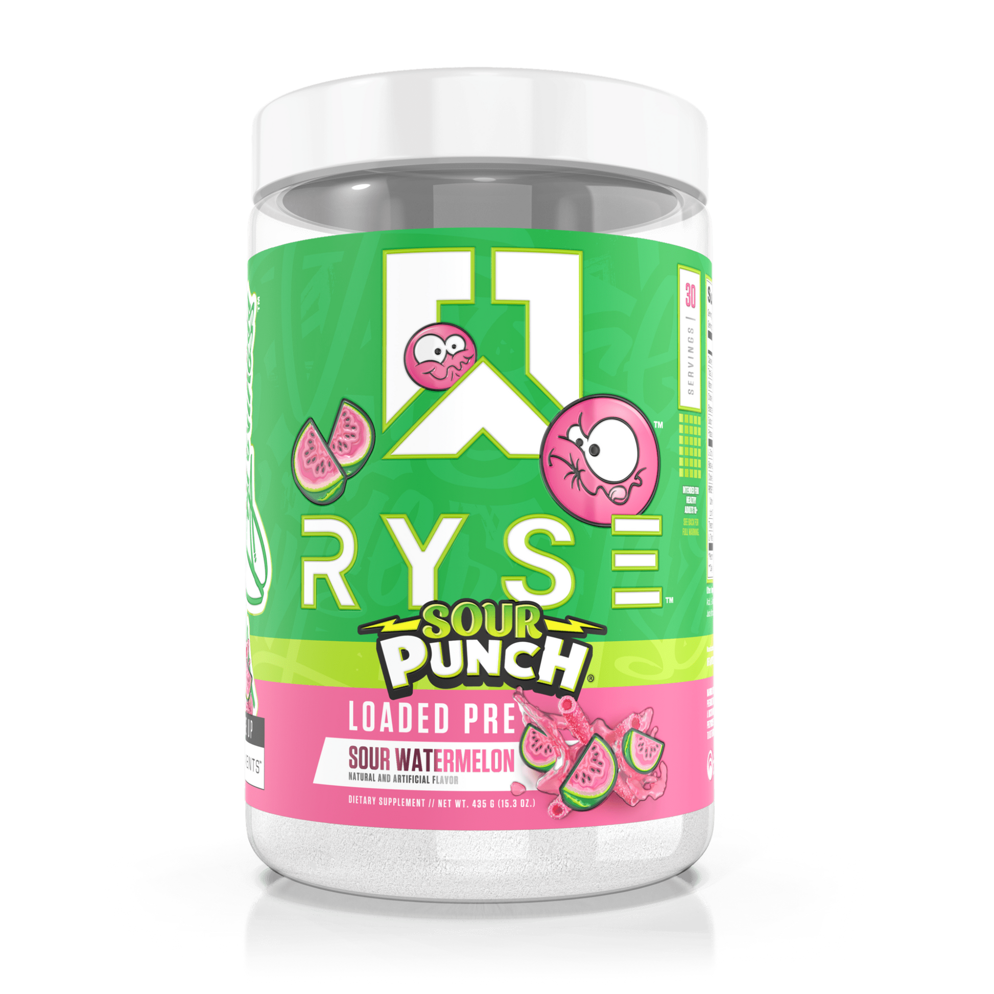 RYSE Loaded Pre-Workout in Sour Watermelon flavour combines 4.5g L-Citrulline, 3.5g Beta-Alanine, and 10mg Thinkamine™ with extended-release caffeine for powerful pumps, endurance, and clean, lasting energy.