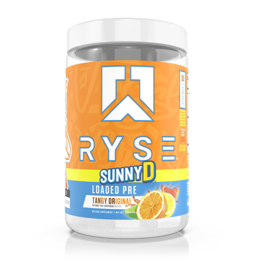 RYSE Loaded Pre-Workout in Sunny D flavour combines 4.5g L-Citrulline, 3.5g Beta-Alanine, and 10mg Thinkamine™ with extended-release caffeine for powerful pumps, endurance, and clean, lasting energy.
