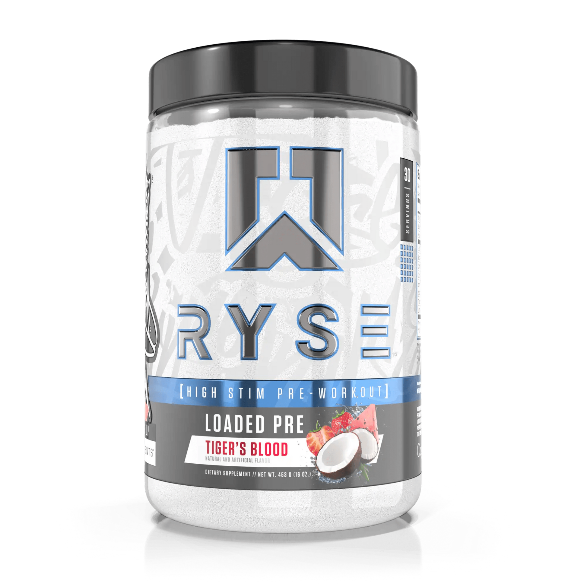 RYSE Loaded Pre-Workout in Tigers Blood flavour combines 4.5g L-Citrulline, 3.5g Beta-Alanine, and 10mg Thinkamine™ with extended-release caffeine for powerful pumps, endurance, and clean, lasting energy.