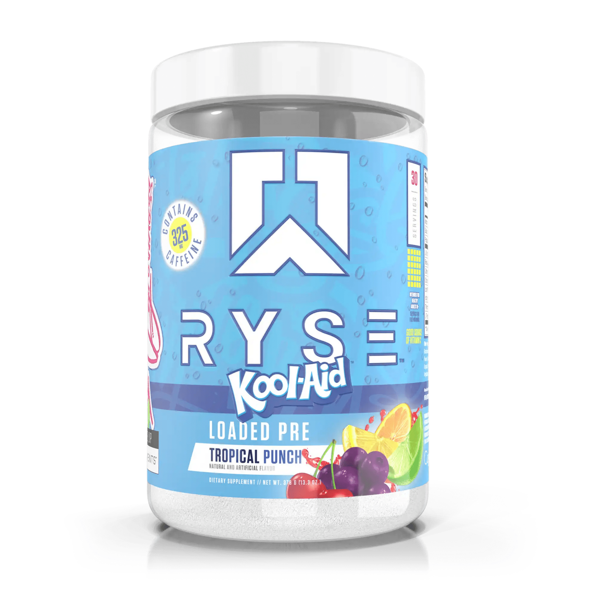 RYSE Loaded Pre-Workout in Tropical Punch flavour combines 4.5g L-Citrulline, 3.5g Beta-Alanine, and 10mg Thinkamine™ with extended-release caffeine for powerful pumps, endurance, and clean, lasting energy.