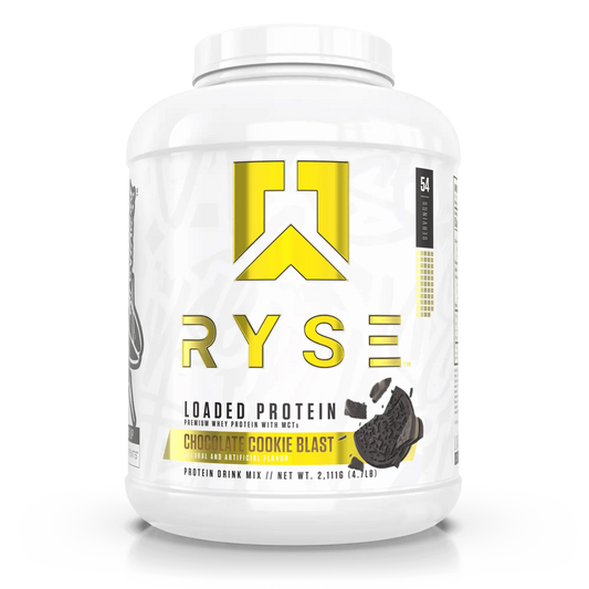 RYSE Loaded Protein in Choc Cookie Blast (4lb) is a high-quality whey protein powder featuring 25g of premium whey isolate with added prebiotic fibre and MCTs to support muscle recovery, gut health, and performance.